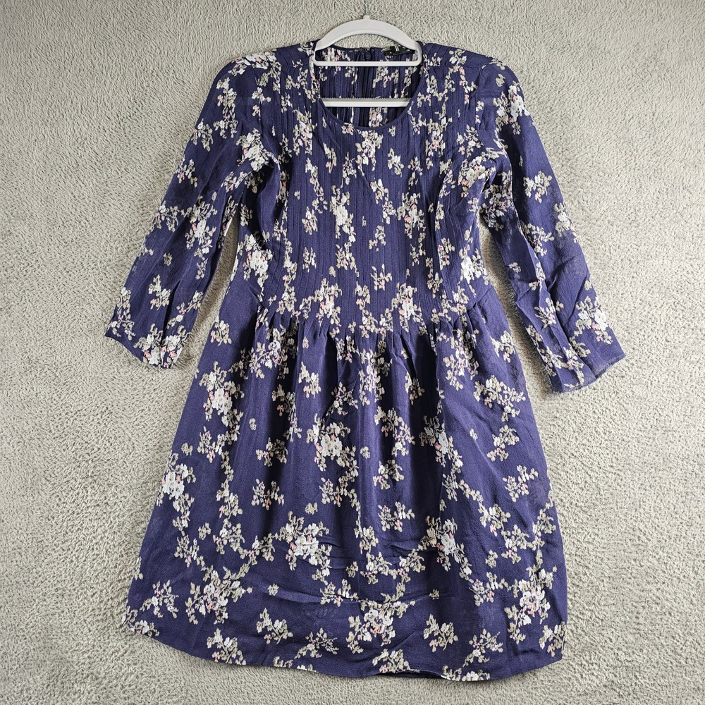 Club Monaco Women Navy Floral 100% Silk Pleated Mini Dress Size 00 Lined